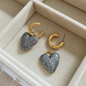 SILVER GLITTER HEART HOOPS