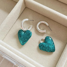 Load image into Gallery viewer, TURQUOISE GLITTER HEART HOOPS
