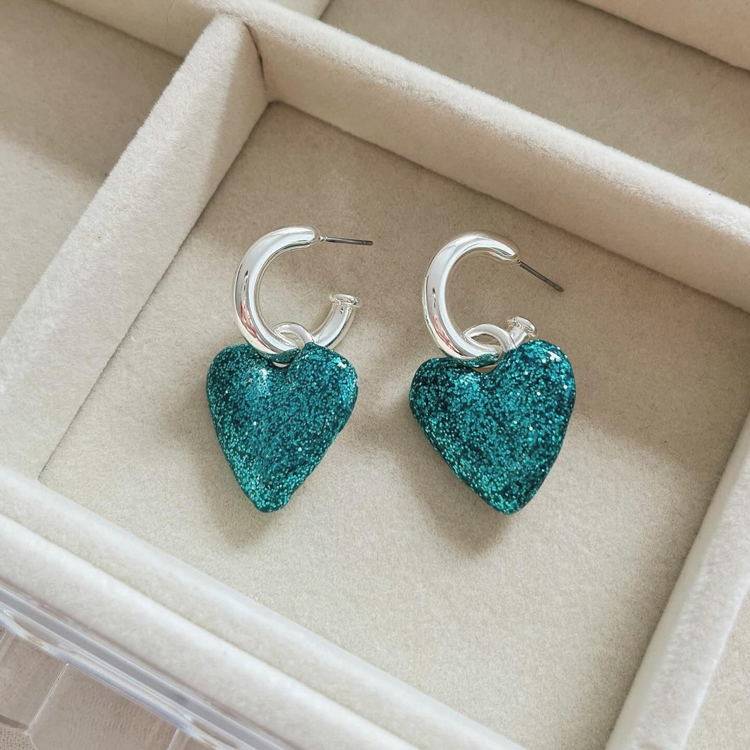 TURQUOISE GLITTER HEART HOOPS